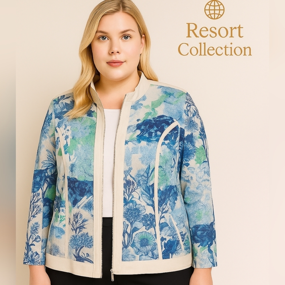Chic's Sheer Mesh Jacket Lightweight Floral Prnt White Trim Sz 3 / 16 Blue Green